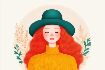 Sticker - A serene illustration of a young woman with vibrant red hair in a green hat, wearing a cozy yellow sweater, surrounded by greenery, evoking warmth and tranquility