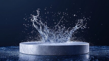 Water splash on platform, dark background, use product