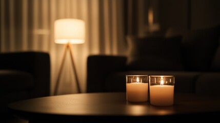 Canvas Print - Two candles are lit on a table in a dimly lit room