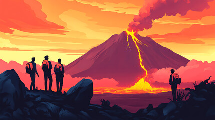 tourists watching hot lava flow at a safe viewpoint near a volcano, dramatic flat illustration on wh