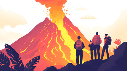 tourists watching hot lava flow at a safe viewpoint near a volcano, dramatic flat illustration on wh