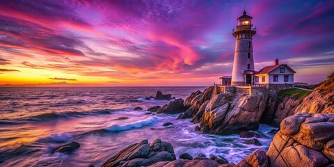 Wall Mural - Majestic Vintage Lighthouse on Rocky Coast at Sunset, Purple Pink Sky