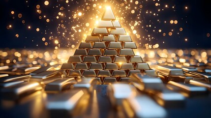 Poster - Glowing golden pyramid made of stacked bars under radiant lighting symbolizing investment potential financial prosperity and successful business growth in a 3D design background