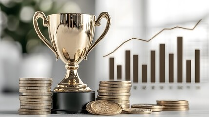 Poster - Golden trophy stacks of gold coins and a rising market graph against a modern white background symbolizing wealth financial growth and the achievement of success in business and investments