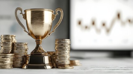 Poster - Elegant 3D rendered trophy on a minimalist white background surrounded by stacks of gold coins and an upward trending financial chart symbolizing investment success and business growth