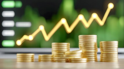 Poster - Upward financial graph and stacks of golden coins depict successful investments profit growth and business prosperity  The showcases a positive financial outlook and economic stability