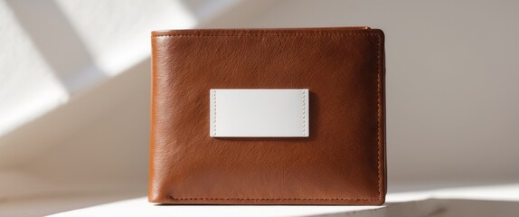 A brown leather wallet with a white label on it.