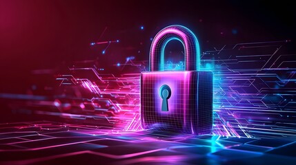 Aufkleber - Vibrant digital artwork showcasing a central lock icon surrounded by firewalls data encryption elements and various cybersecurity technologies in an abstract and futuristic style