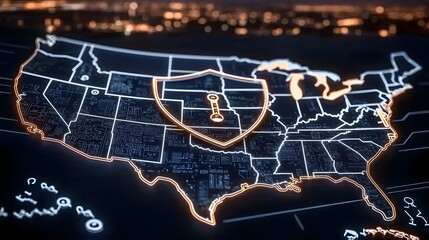 Leinwandbilder - Digital of the USA map with a large cyber shield overlay protecting national data integrity