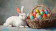 © AN STOCK - A charming white bunny resting near a basket filled with vibrant Easter eggs, symbolizing joy and celebration