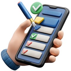 Fototapete - Playful 3D cartoon design of a hand checking off items on a smartphone checklist with colorful UI interface elements  Concept of digital organization task management and mobile productivity tools