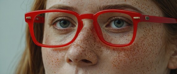 Wall Mural - Close-up of a freckled face wearing red-framed glasses.  The focus is on the eyes and the details of the skin.