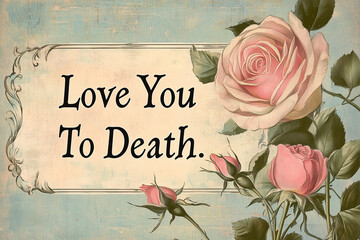 A vintage-style banner with faded pink roses and an antique script font displaying 