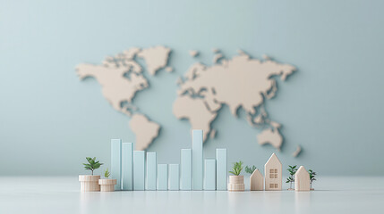 Poster - Sustainable growth represented by wooden buildings and plants against world map backdrop. This symbolizes eco friendly development and urban planning