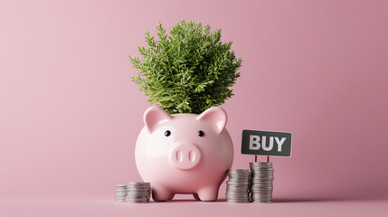Aufkleber - pink piggy bank with plant growing from it, surrounded by coins and BUY sign, symbolizes financial growth and investment opportunities