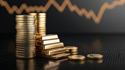 Fototapete - Gleaming gold bars and coins stacked with rising graph in background, symbolizing wealth and investment. image conveys sense of prosperity and financial growth