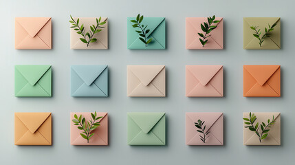 Poster - Pastel colored envelopes arranged in grid with greenery accents create serene and inviting atmosphere. Perfect for invitations or stationery design
