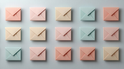 Fototapete - Pastel colored envelopes arranged in grid pattern, showcasing variety of soft hues. This visually appealing design evokes sense of calm and creativity