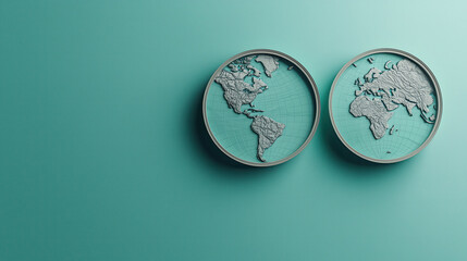 Poster - 3D illustration of two rounded maps on bright teal background, showcasing detailed geographical features. Perfect for educational or design purposes