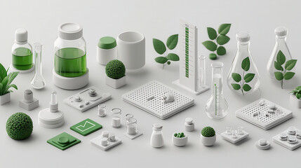 Fototapete - 3D rendering of laboratory equipment and plants, showcasing health and wellness themes with green elements. arrangement emphasizes sustainability and innovation in science