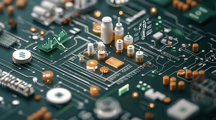 Aufkleber - detailed 3D visual representation of circuit board featuring various electronic components, showcasing technology and innovation. design highlights intricate patterns and vibrant colors