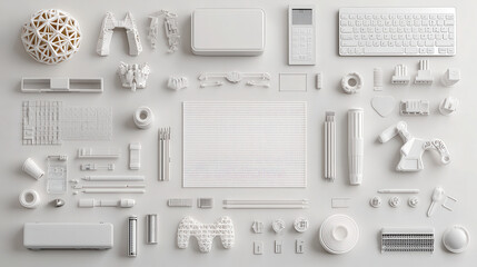 Poster - collection of white 3D printed prototypes and components arranged neatly, showcasing innovative design and technology. items include various shapes and sizes, emphasizing creativity and modern