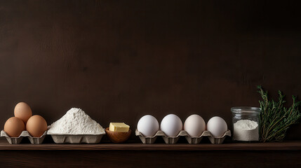 Aufkleber - Fresh eggs, flour, butter, and herbs arranged on wooden surface create rustic kitchen scene. This setup evokes sense of warmth and culinary creativity