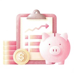 Wall Mural - A pink piggy bank next to financial charts and coins, symbolizing savings, budgeting, and financial growth.