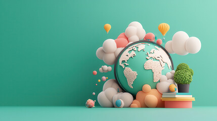 Aufkleber - colorful 3D globe surrounded by playful clouds, plants, and balloons creates whimsical atmosphere. This vibrant scene evokes sense of adventure and exploration