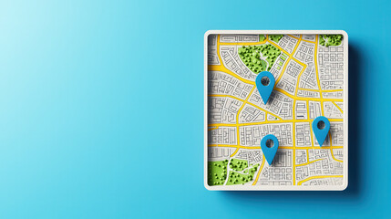 Leinwandbilder - clean and modern 3D map design featuring vibrant blue background, showcasing detailed streets and location markers. Ideal for navigation and location based services