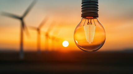 Fototapete - light bulb hangs in foreground, illuminated against stunning sunset backdrop with wind turbines in distance, symbolizing clean energy and innovation