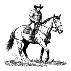 Wall Mural - cowboy riding a horse in side view detailed black and white outline line art drawing