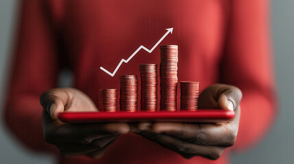 Poster - person holding red tablet displaying graph with increasing coins, symbolizing financial growth and investment success