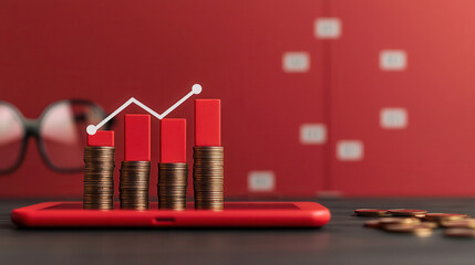 Leinwandbilder - close up of red smartphone displaying growing bar graph with coins stacked beside it, symbolizing financial growth and investment