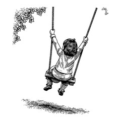 Wall Mural - child playing on swing with back view black and white outline line art drawing