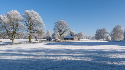 Winterlandschaft mit schneebedeckten Bäumen und gemütlichem Landhaus
