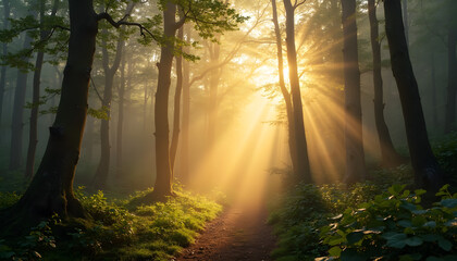 Enchanted forest illuminated by golden sun rays