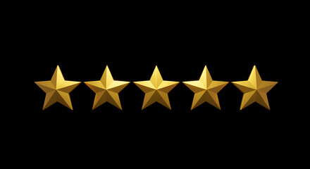 Five star rating review icon, golden 5 stars, isolated on black