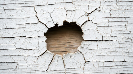 Poster - close up view of cracked wooden planks with peeling white paint, revealing natural wood underneath. texture and details evoke sense of age and wear