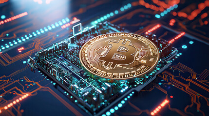 Fototapete - digital currency symbol on circuit board, representing cryptocurrency technology and innovation. image captures essence of modern finance and digital transactions