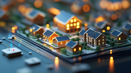 Poster - conceptual image of digital twin of city showcasing illuminated houses and streets, representing urban planning and smart city technology