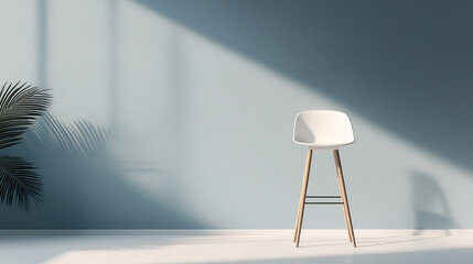 Aufkleber - contemporary white bar stool with sturdy wooden legs against minimalist background. soft light creates serene atmosphere, perfect for modern interiors