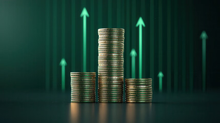 Fototapete - Stacks of gold coins representing financial growth and investment trends, with green upward arrows symbolizing increasing value and prosperity