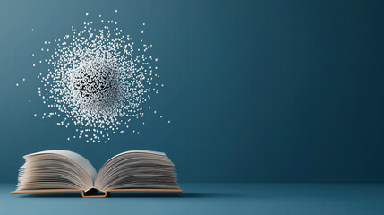 Aufkleber - open book with floating particles creating holographic effect, symbolizing creativity and knowledge. serene blue background enhances visual appeal