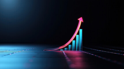 Fototapete - dark blue arrow creates sense of dimension, pointing upwards alongside glowing bar graphs, symbolizing growth and progress in modern digital environment