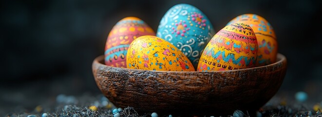 Wall Mural - Multicolored Easter eggs in basket on black background.