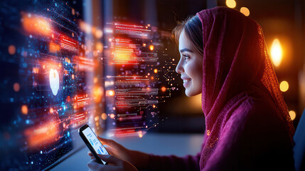 Aufkleber - Young woman using smartphone, exploring mental health app, glowing interface, technology, digital health, modern lifestyle, evening setting, focused expression, vibrant colors