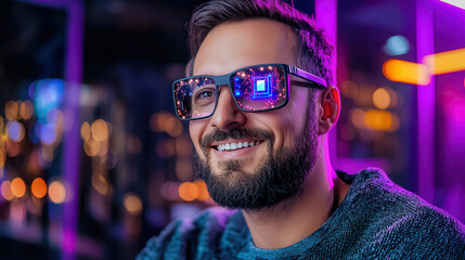Poster - smiling man with beard wearing futuristic glasses reflecting colorful lights, showcasing vibrant atmosphere in modern setting