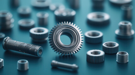 Leinwandbilder - detailed close up of shiny silver gears and nuts arranged artistically, showcasing their intricate designs and textures. image evokes sense of precision and engineering excellence