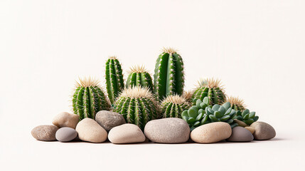 Aufkleber - cluster of dark green cacti surrounded by smooth stones, showcasing serene and natural aesthetic. soft light enhances textures and colors of plants and rocks